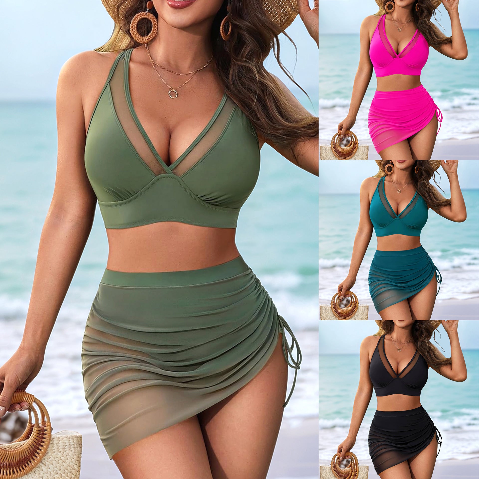 Tummy Control Mesh Sheer Sarong Wraps Women One Piece Swim Dress