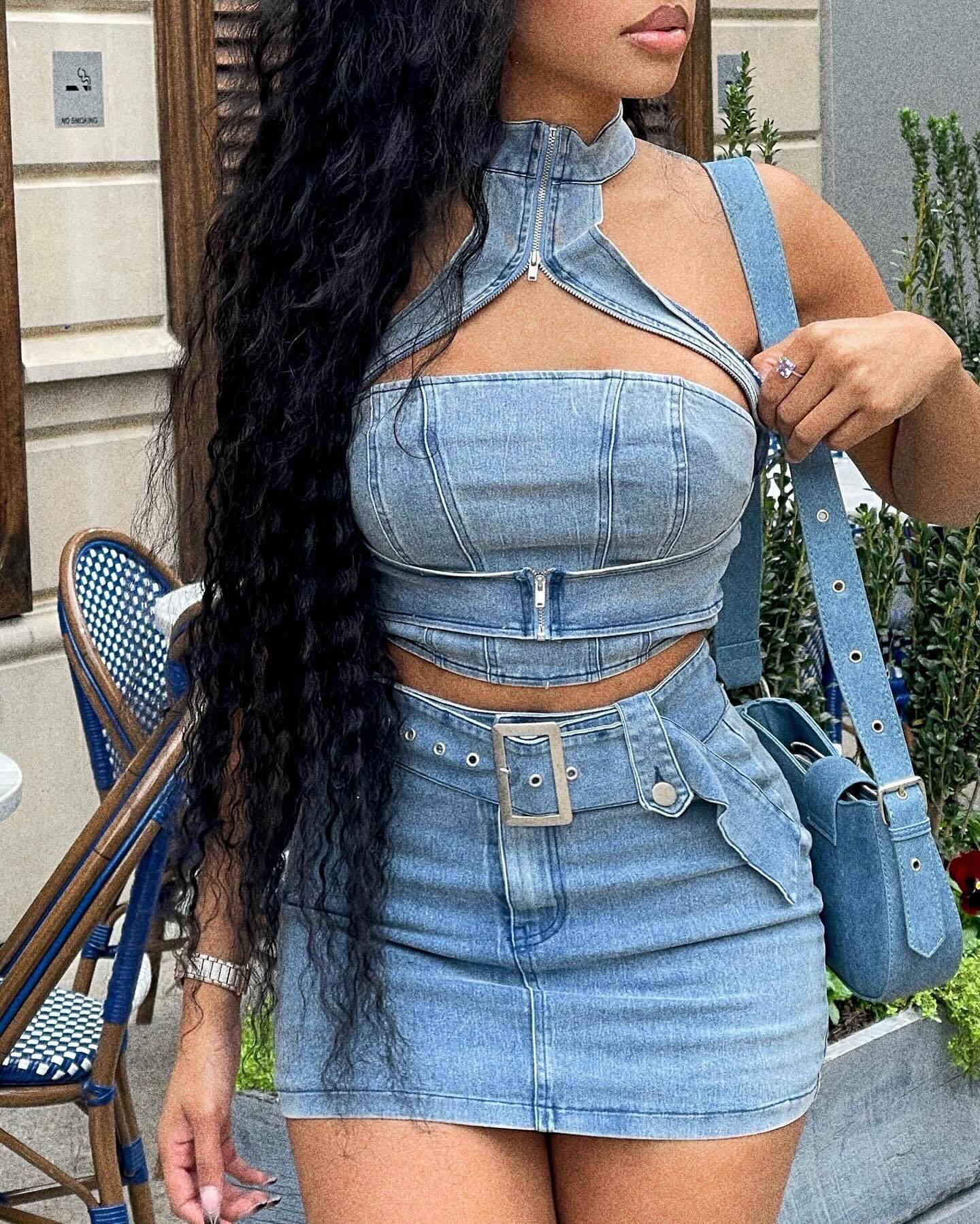 Washed Stretch Denim Halter Zipper Casual Skirt Suit